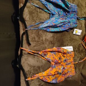 Vibrant Paisley & Floral Bikini Tops - Blue and Orange